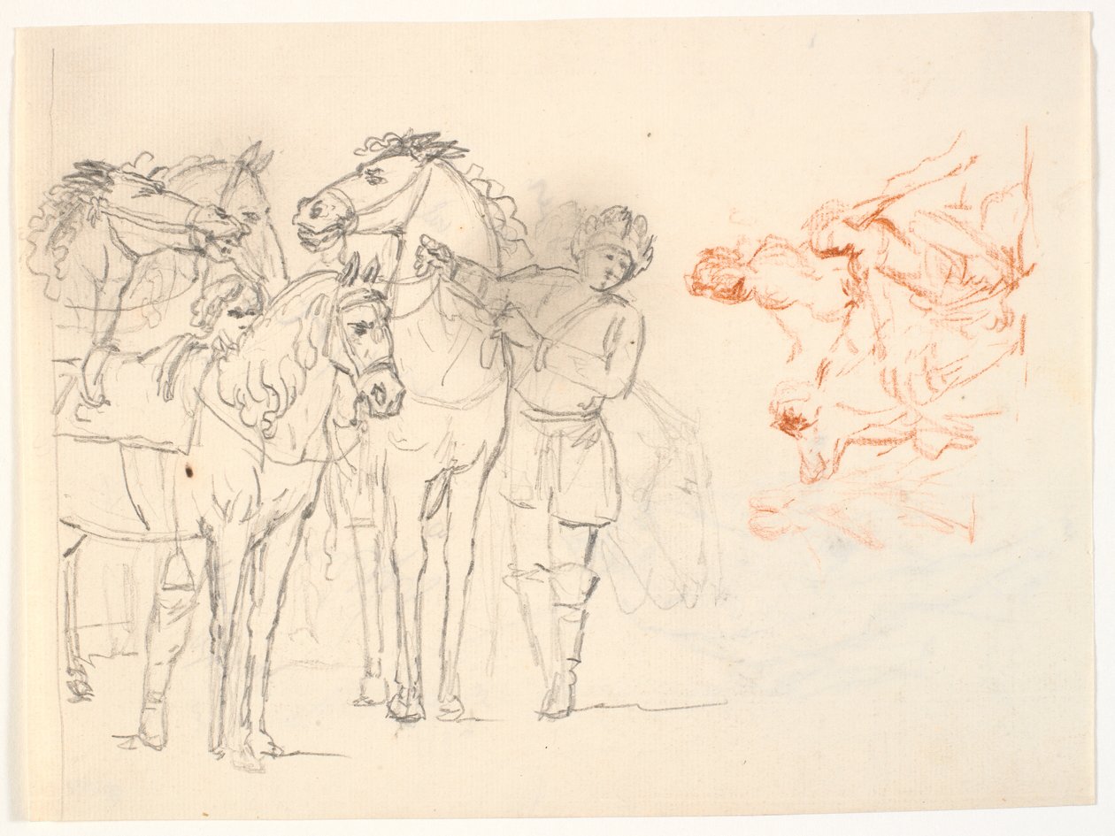 رسمان. رسم تلفزيوني بالقلم الرصاص مع خيول ورجلين. رسم طباشير أحمر مع مجموعة من الشخصيات بواسطة كاليفورنيا لورنتزن