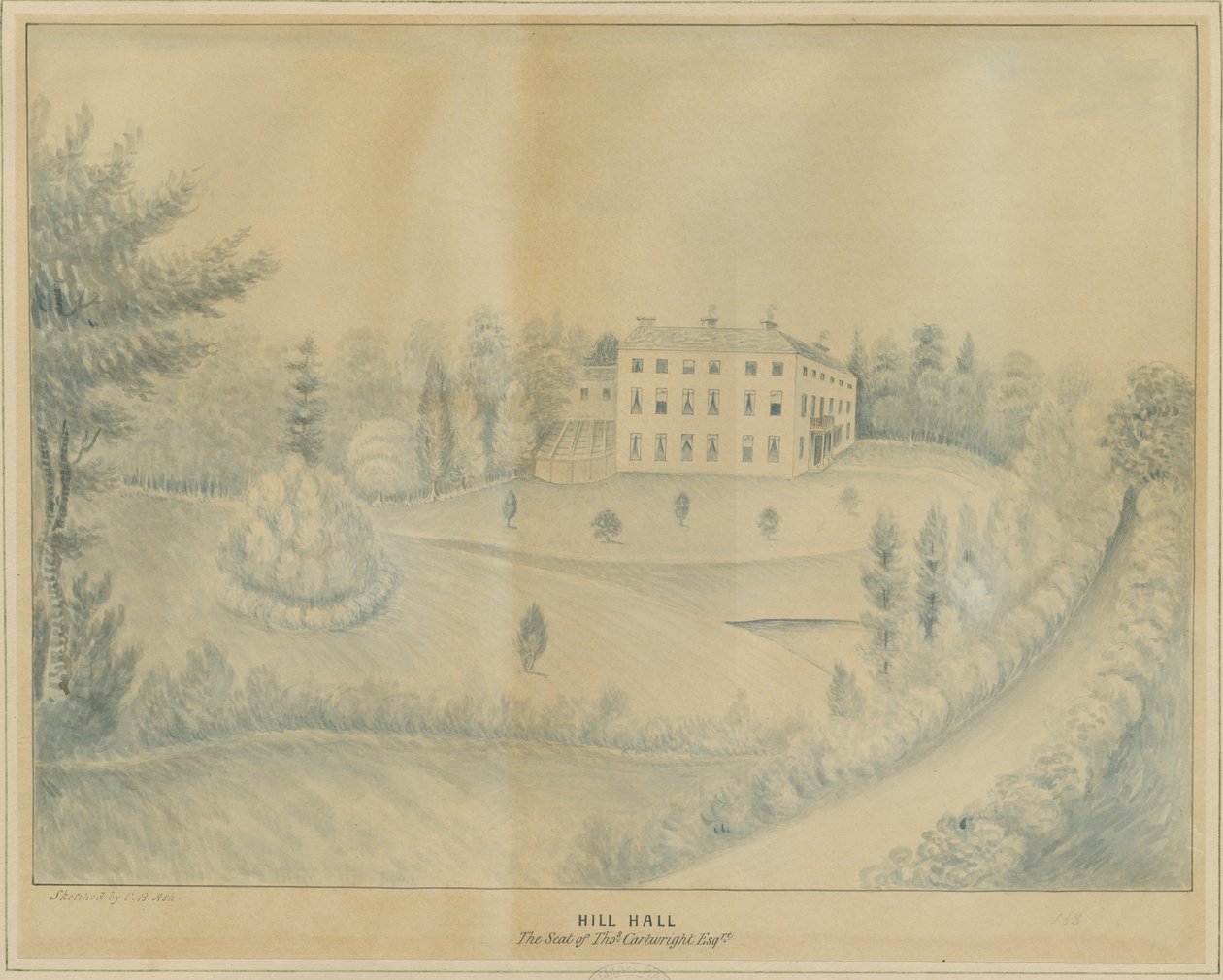 High Offley - Hill Hall: رسم بالقلم الرصاص وغسل ، بدون تاريخ [c 1840] بواسطة CB Ash