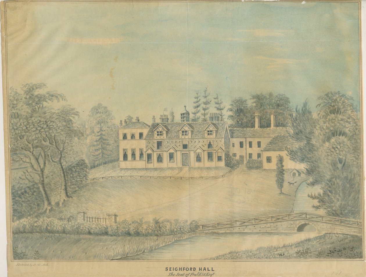 قاعة Seighford Hall: رسم غسيل ملون ، بدون تاريخ [منتصف القرن التاسع عشر] بواسطة CB Ash