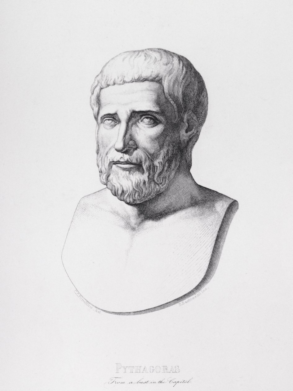 صورة لفيثاغورس (c.580-500 قبل الميلاد) منقوش بواسطة B.Blloccini ، 1849 بواسطة CC بيركنز