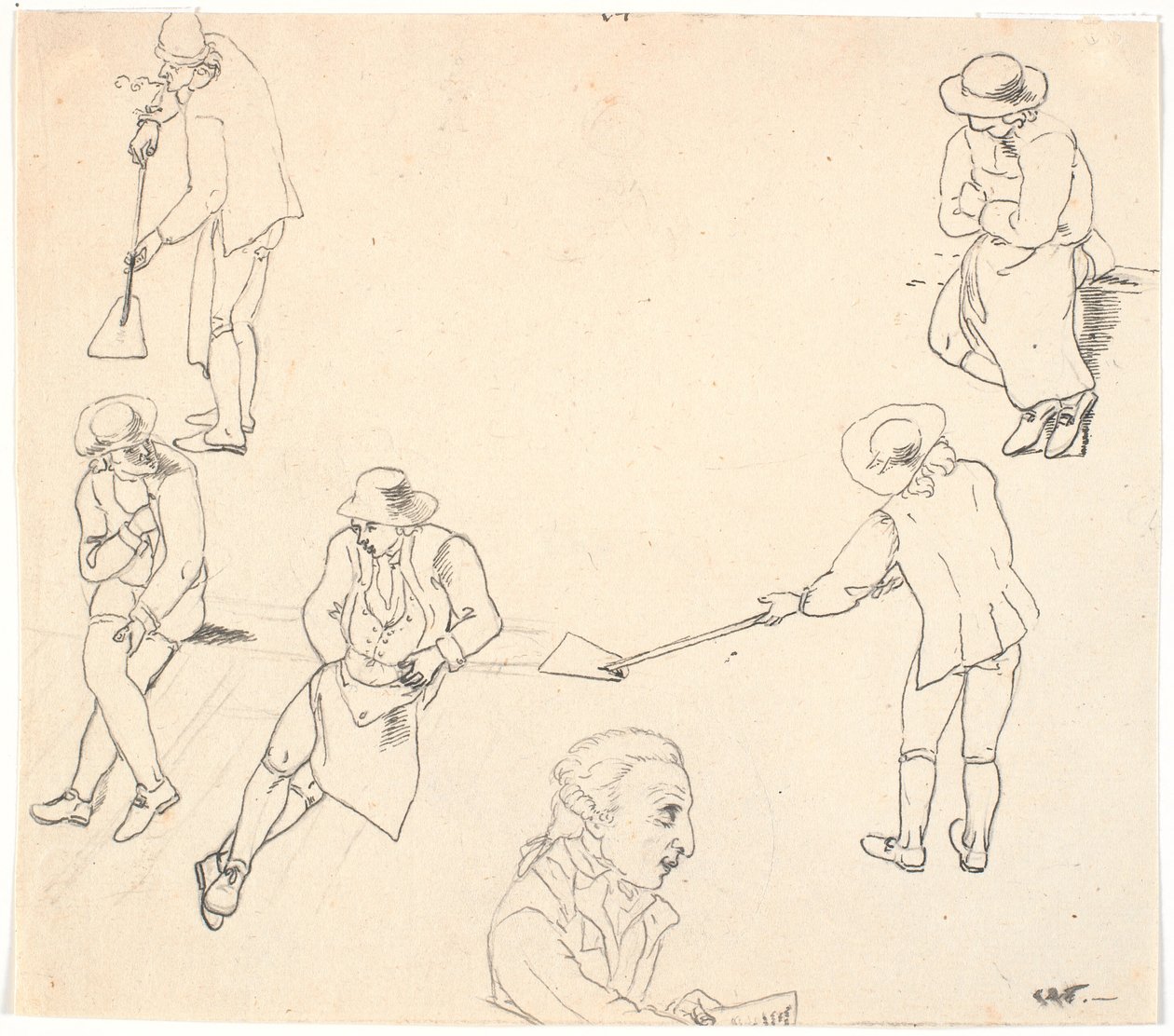 رسم تخطيطي بستة شخصيات ذكور ، اثنان منهم بمجارف ، وثلاثة جالسين ، وشخصية ذكرية بواسطة سي دي فريتزش