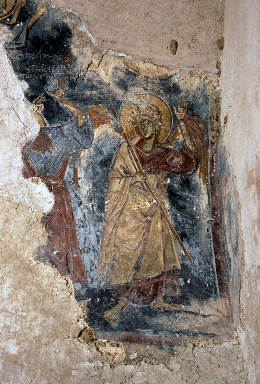 Angel and saint, detail from fresco in church of Agios Georgios Apodoulou, Apodoulou, Crete, Greece (photo) بواسطة جي بي وبراون جيه وروبوتام