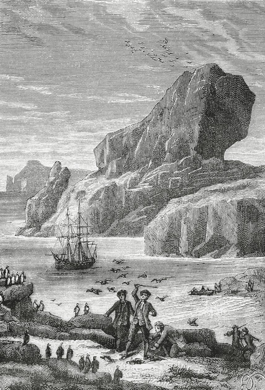 اكتشاف أوسترال فرنسا (جزر كيرغولين) بواسطة المستكشف الفرنسي إيف جوزيف دي كيرغولين تريماريك (1734-1797) ، فبراير 1772 ، نقش ، المحيط الهندي ، إقليم الأراضي الفرنسية الجنوبية والأنتاركتيكية بواسطة جي بي وبراون جيه وروبوتام