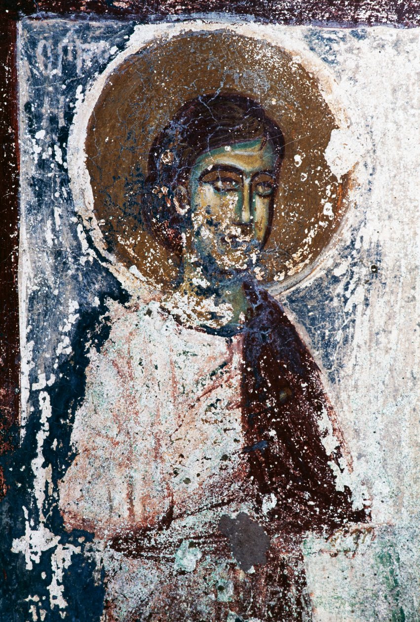 Figure of saint, fresco in church of Taxiarhon, Old Pyli, Kos island, Greece (photo) بواسطة جي بي وبراون جيه وروبوتام