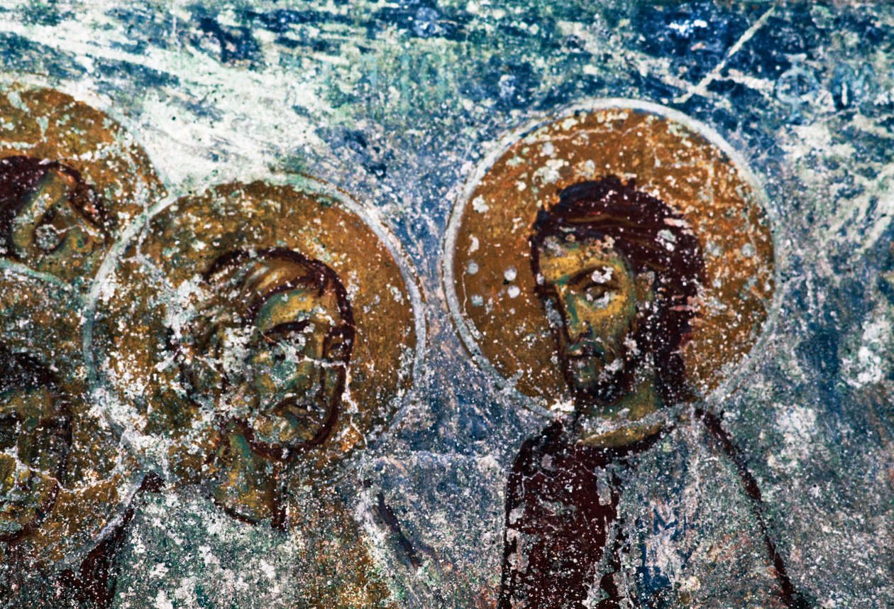 Figures of saints, fresco in church of Taxiarhon, Old Pyli, Kos island, Greece (photo) بواسطة جي بي وبراون جيه وروبوتام