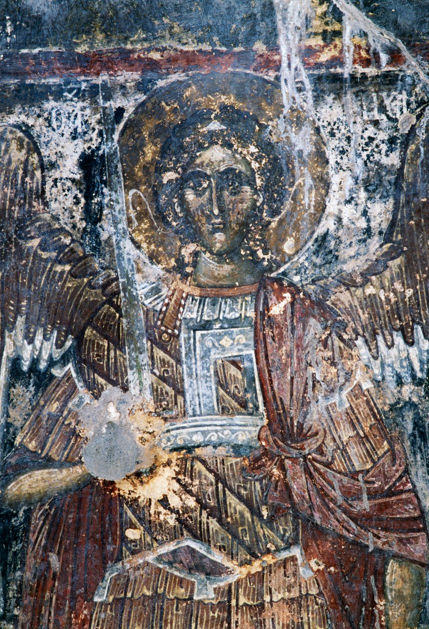 Horse, damaged fresco on ceiling of the church of Agios Vasileios, Vavouledo, Crete, Greece (photo) بواسطة جي بي وبراون جيه وروبوتام