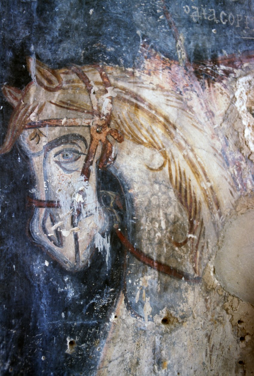 Horse, detail from fresco in the Church of Agios Georgios, Vathiako, Crete, Greece (photo) بواسطة جي بي وبراون جيه وروبوتام