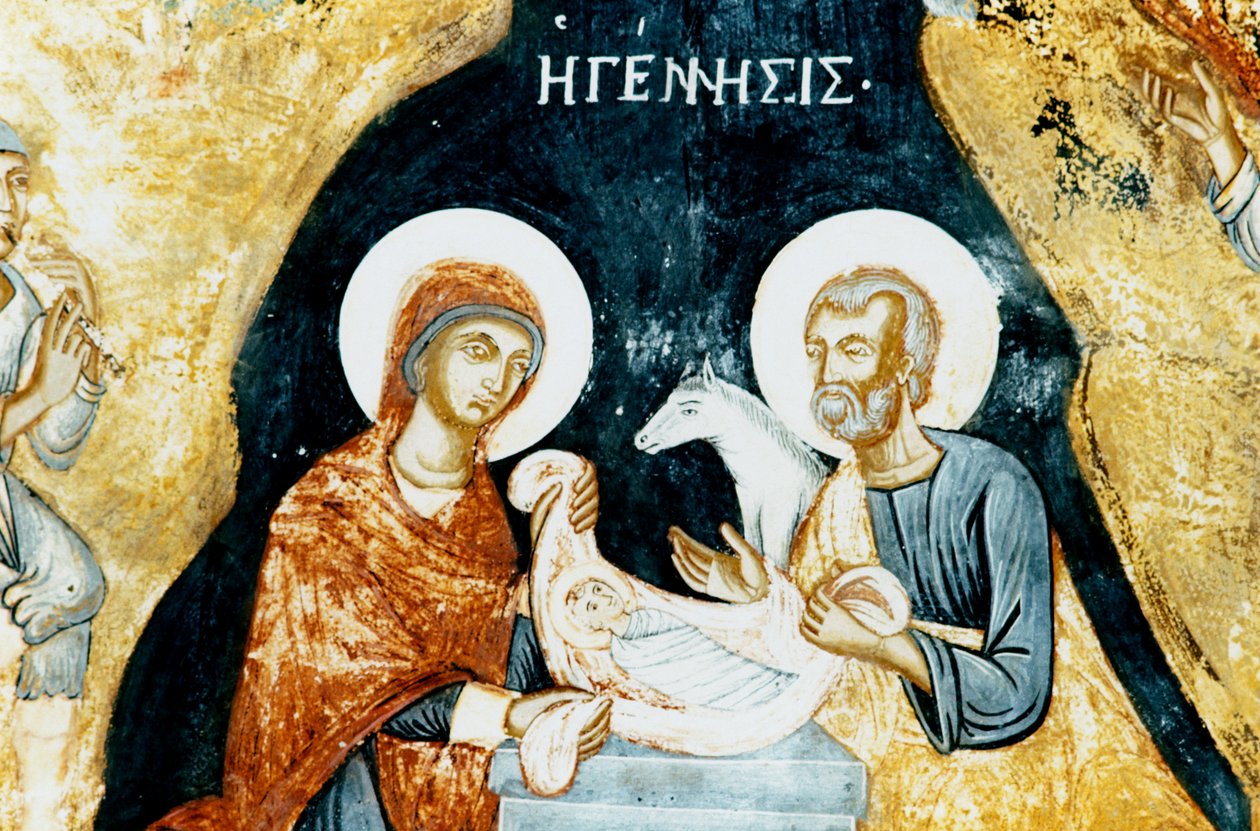 Nativity fresco in Mikro Sotiris monastery, Symi island, Greece (photo) بواسطة جي بي وبراون جيه وروبوتام