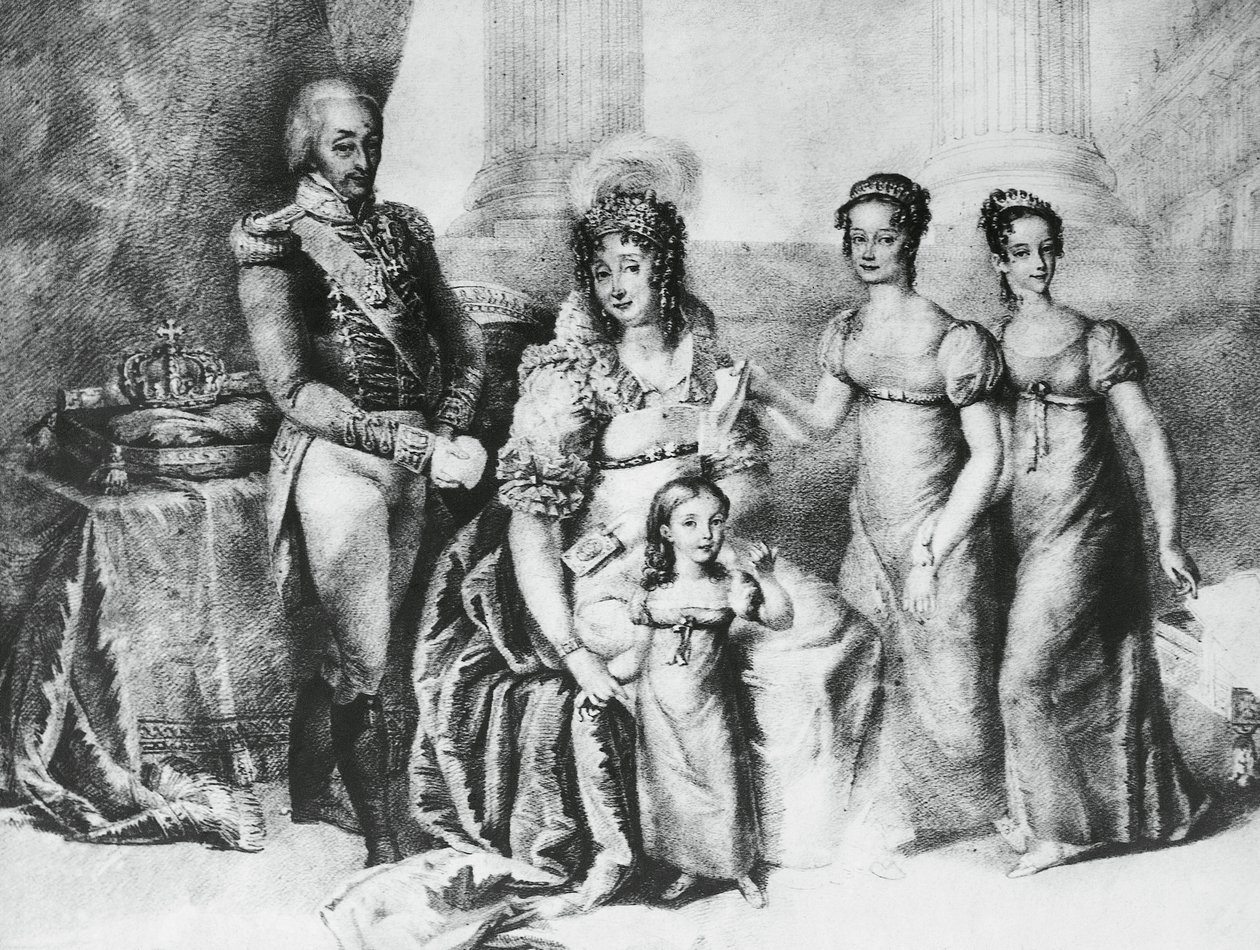 Portrait of Victor Emmanuel I, King of Sardinia and Duke of Savoy, Piedmont and Aosta, with his wife Maria Theresa of Austria-Este and his daughters, Maria Teresa of Savoy (1803-1879), Maria Anna of Savoy and Maria Cristina of Savoy, engraving بواسطة جي بي وبراون جيه وروبوتام