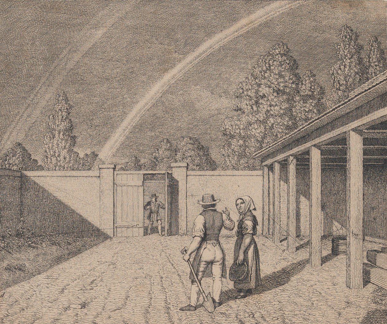 زوجان يتحدثان في ساحة مستقرة ، مع قوس قزح مزدوج فوق الرأس ، من 'Linear Perspec ... ، 1841. بواسطة كريستوفر فيلهلم إكرسبيرج
