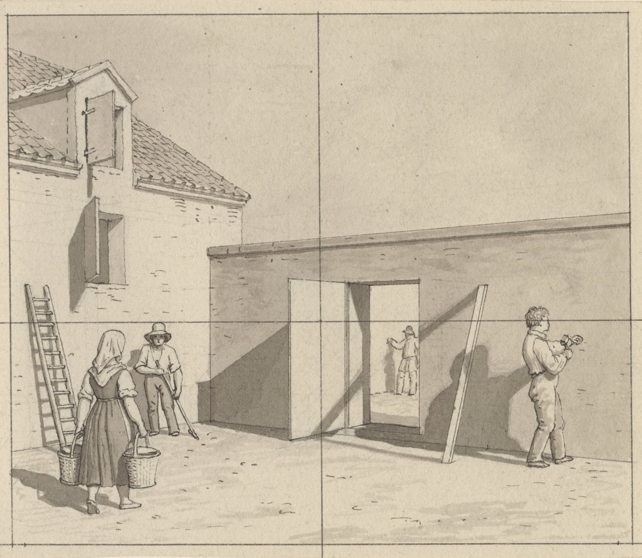 منظور خطي مطبق على فن الرسم - مسودة رسم غير مستخدم - فناء دنماركي به أربعة مزارعين وحرفيين. بواسطة كريستوفر فيلهلم إكرسبيرج