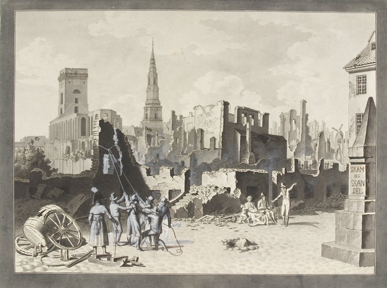 ساحة Ulfeldt ، تسمى الآن Gråbrødertorv ، بعد القصف البريطاني في سبتمبر 1807 بواسطة كريستوفر فيلهلم إكرسبيرج