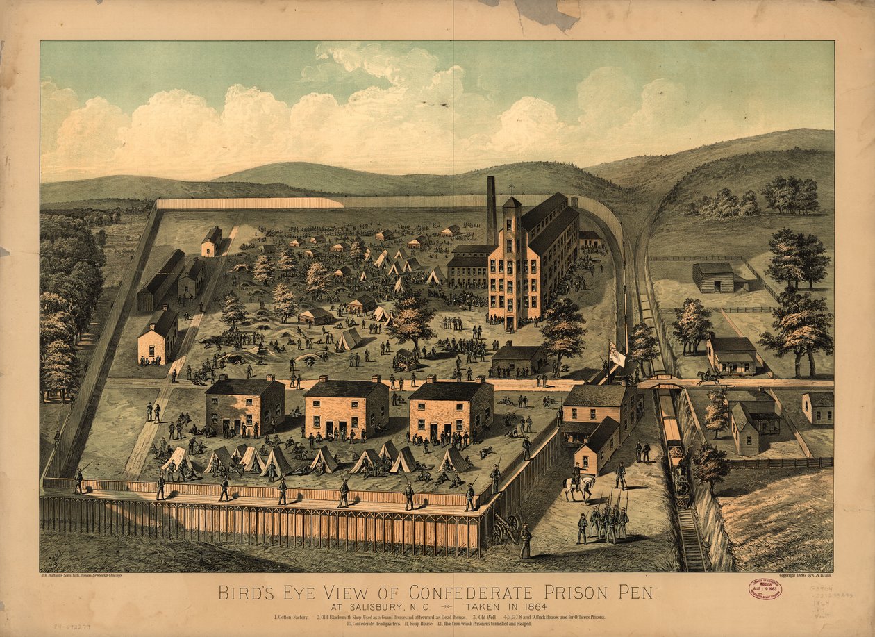 منظر من أعلى لقلم سجن الكونفدرالية في سالزبوري ، نورث كارولاينا ، تم التقاطه عام 1864 بواسطة كاليفورنيا ؛ JH BuffordS أبناء ليث كراوس
