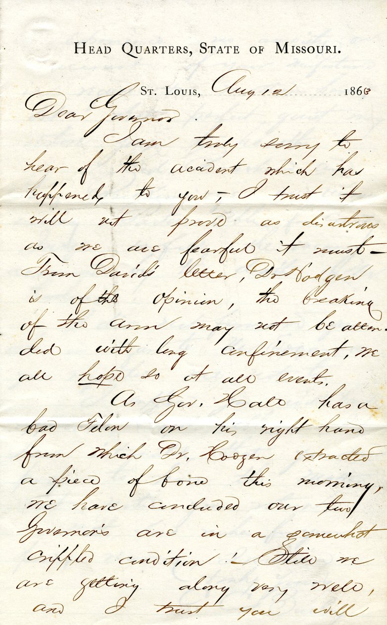 وقعت الرسالة CC Bailey ، المقر الرئيسي ، ولاية ميسوري ، سانت لويس ، إلى الحاكم [Hamilton R. Gamble] ، 12 أغسطس ، 1863 بواسطة CC بيلي