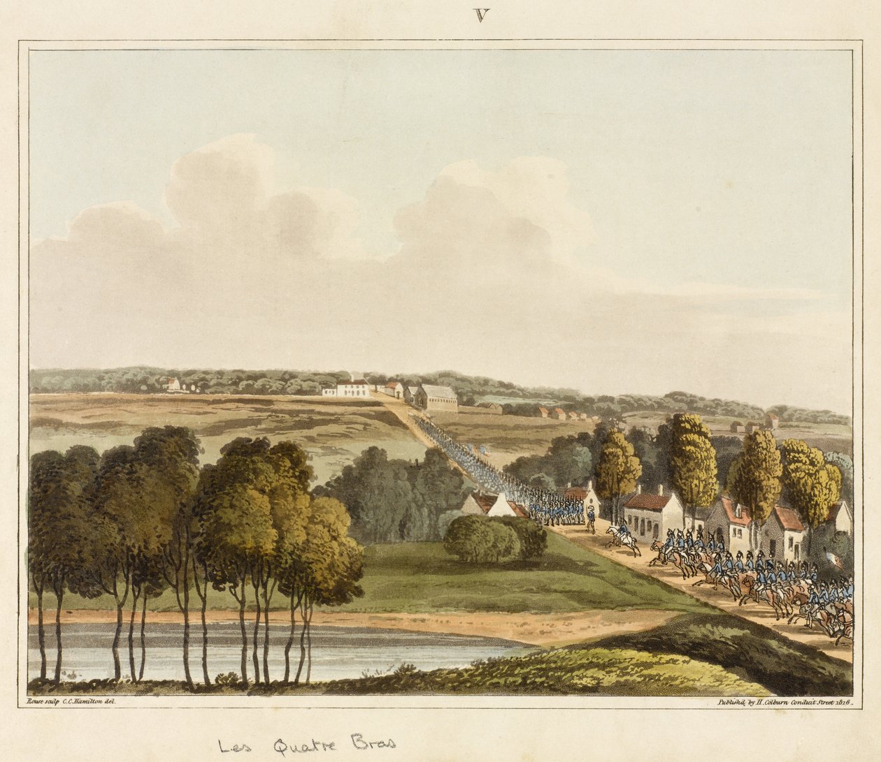 Les Quatre Bras ، من "حساب تاريخي لمعركة واترلو" ، نقش جيمس روس ، 1817 (ألوان مائية) بواسطة CC هاميلتون