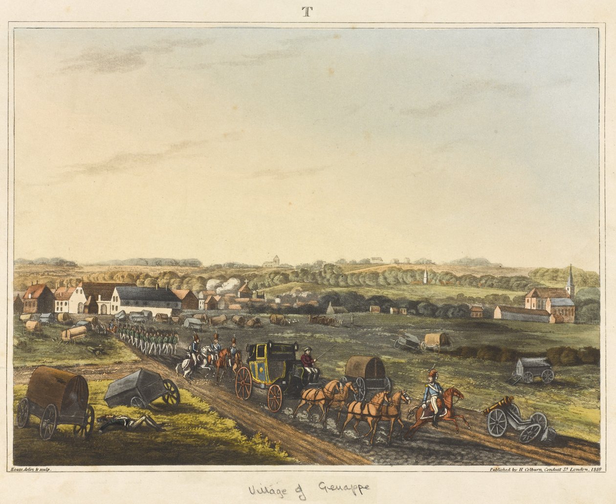 قرية جينابي ، من "حساب تاريخي لمعركة واترلو" ، نقش جيمس روس ، 1817 ملون مائي بواسطة CC هاميلتون