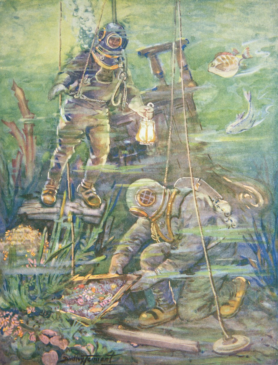 غواصو أعماق البحار يجدون الكنز الغارق ، حوالي عام 1890 (لون ليثو) بواسطة جيم دودلي تينانت