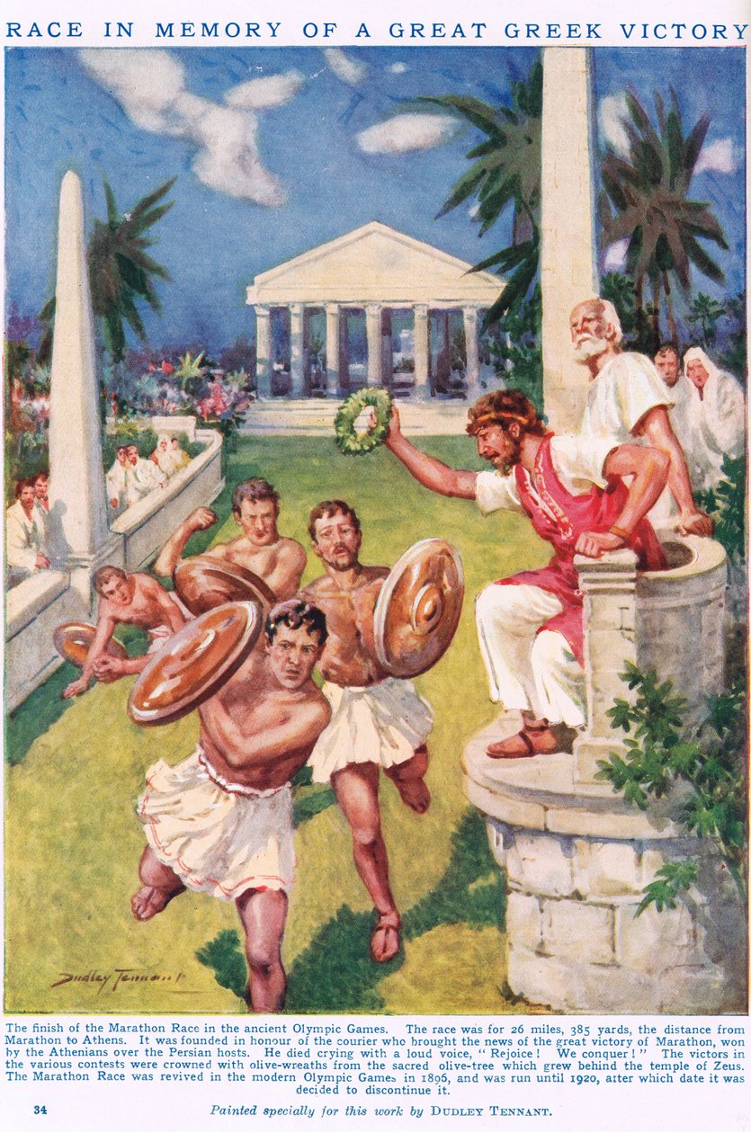 الماراثون: سباق في ذكرى النصر اليوناني العظيم، رسم توضيحي من كتاب المعرفة المصور quot;نيونيسquot; (الطباعة الحجرية الملونة) بواسطة جيم دودلي تينانت