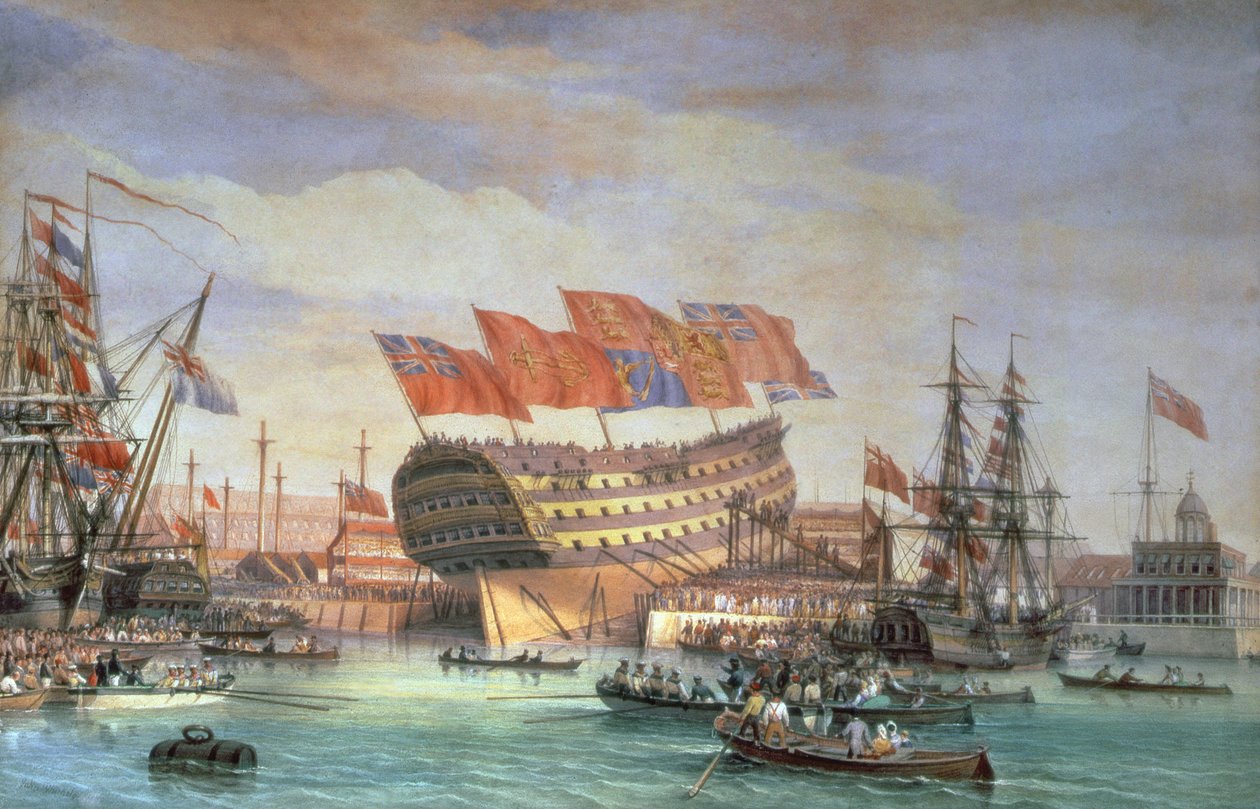 إطلاق HMS "Trafalgar" في تشاتام ، يوليو ١٨٢٠ بواسطة جون مايل واتوسيلو