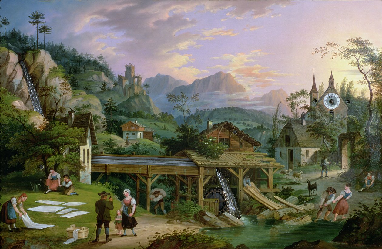 ساعة صورة مع مشهد لقرية جبال الألب مع منظر طبيعي لآلية الساعة في برج الكنيسة ، 1833 (زيت على صفيحة حديدية) بواسطة CL Hoffmeister