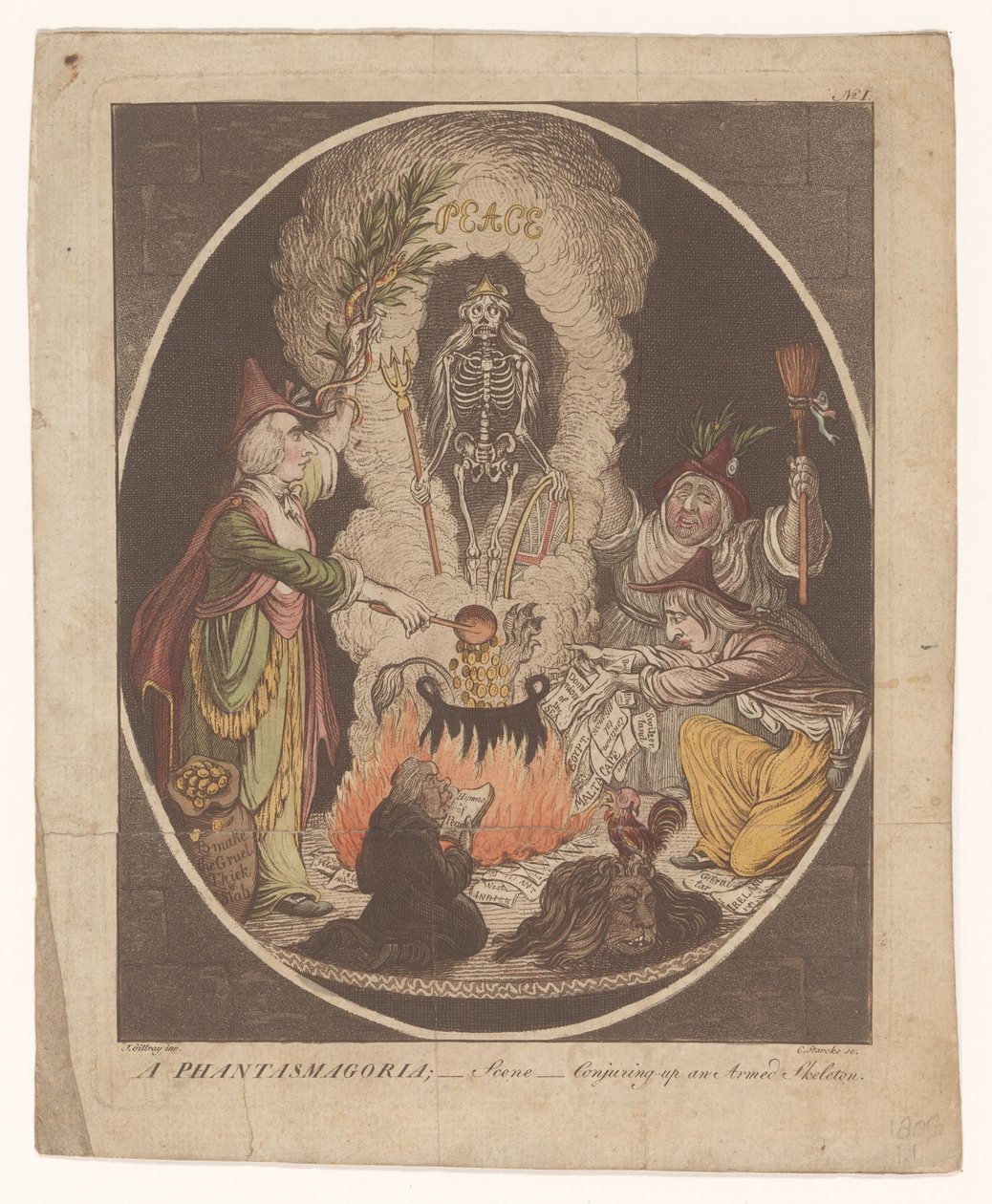 كارتون على سلام أميان ، 1802 فانتازماغوريا. - المشهد - استحضار هيكل عظمي مسلح (العنوان على الكائن) بواسطة C. Starcke