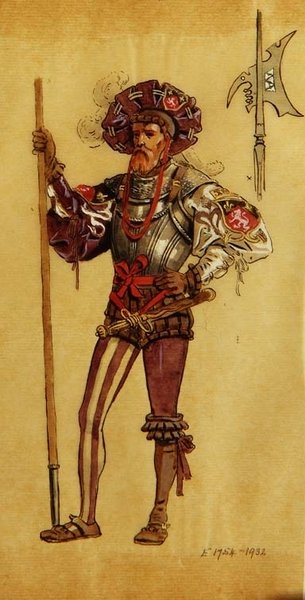A Armored Courtier ، تصميم أزياء لـ As You Like It ، من إنتاج R.Courtneidge في مسرح Princes ، مانشستر بواسطة سي وليام