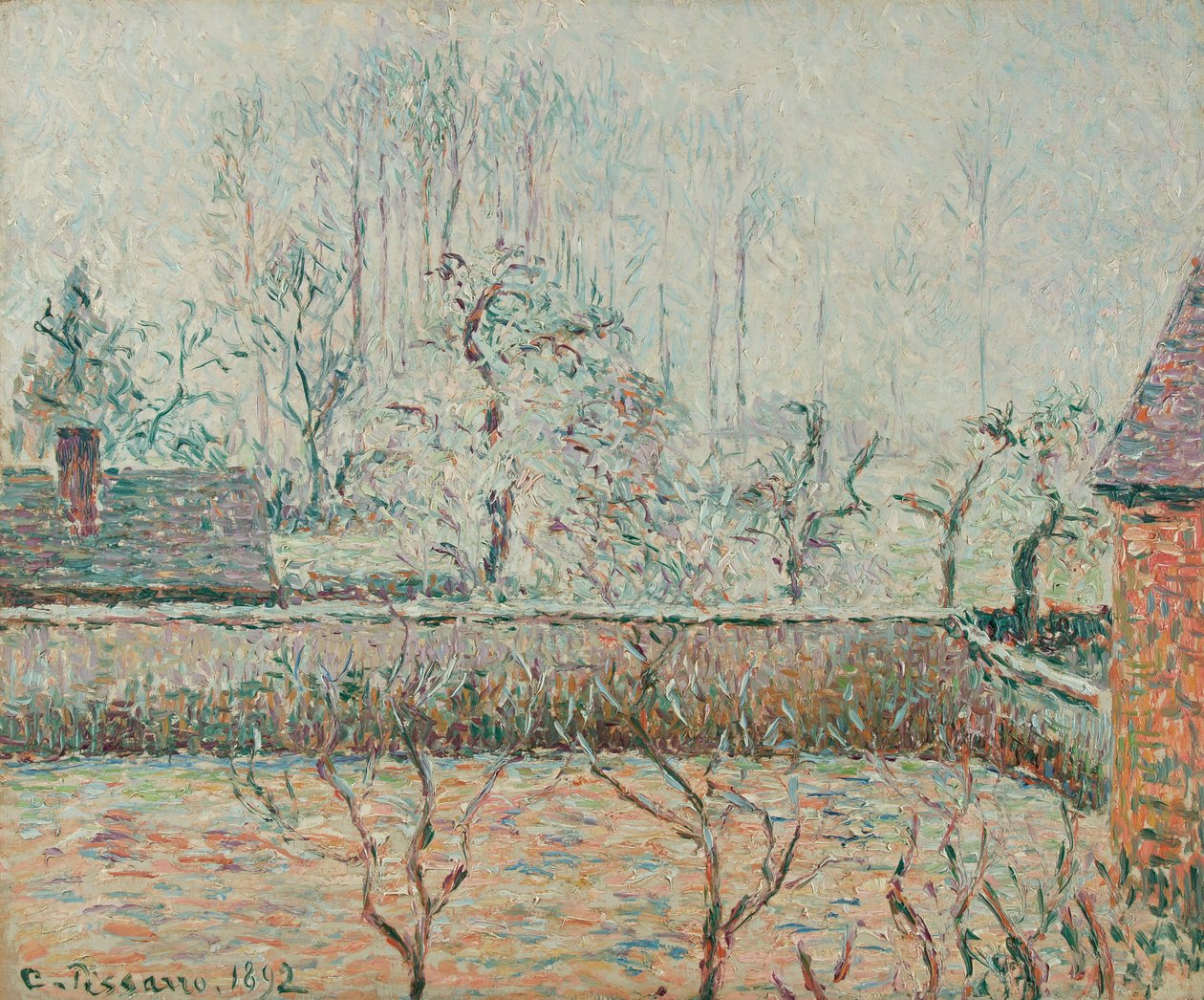 منظر طبيعي للمنازل وجدار مغلق وصقيع وضباب (1892) بواسطة كميل يعقوب بيسارو