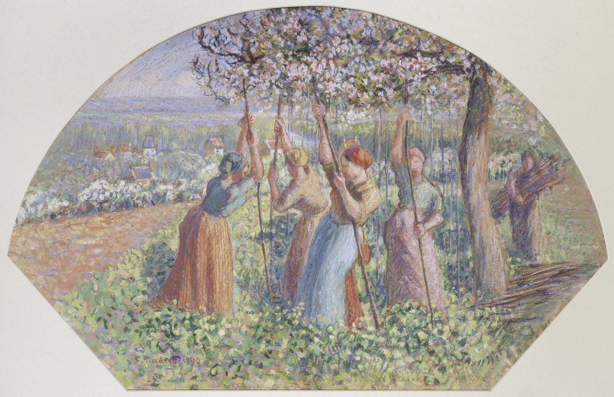 تصميم لمروحة: أعمدة البازلاء ، 1890 (الغواش فوق الطباشير الأسود على ورق بني خشن) بواسطة كميل يعقوب بيسارو