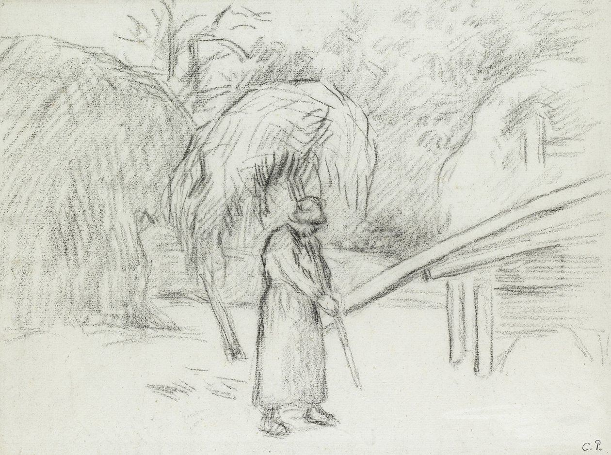 دراسة عن فلاح يحمل حمولة من القش في مزرعة فوكو ، ج. 1875 (فحم) بواسطة كميل يعقوب بيسارو