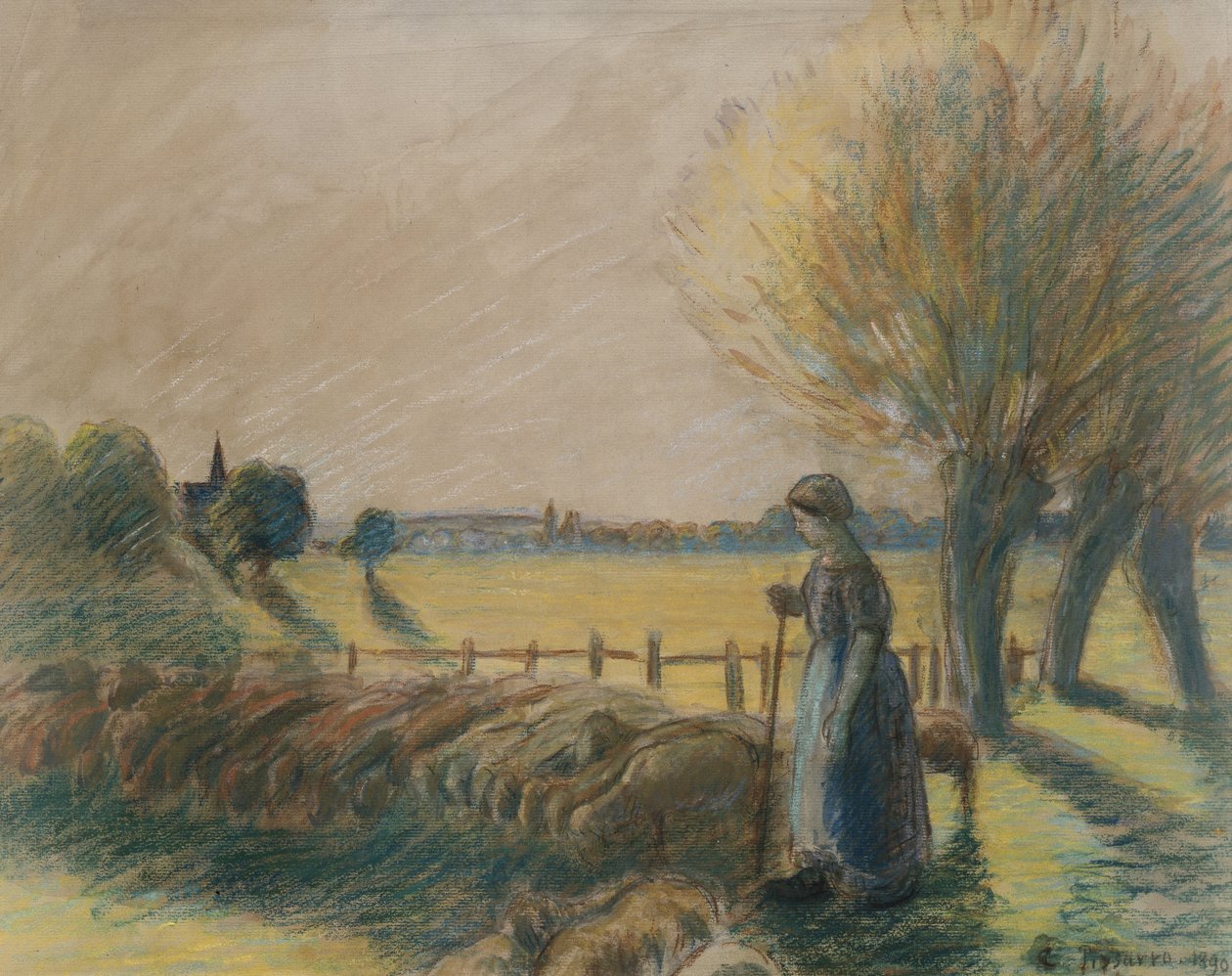 راعية Eragny (درجة الحرارة والباستيل مع آثار ألوان مائية وقلم رصاص على ورق رمادي) بواسطة كميل يعقوب بيسارو