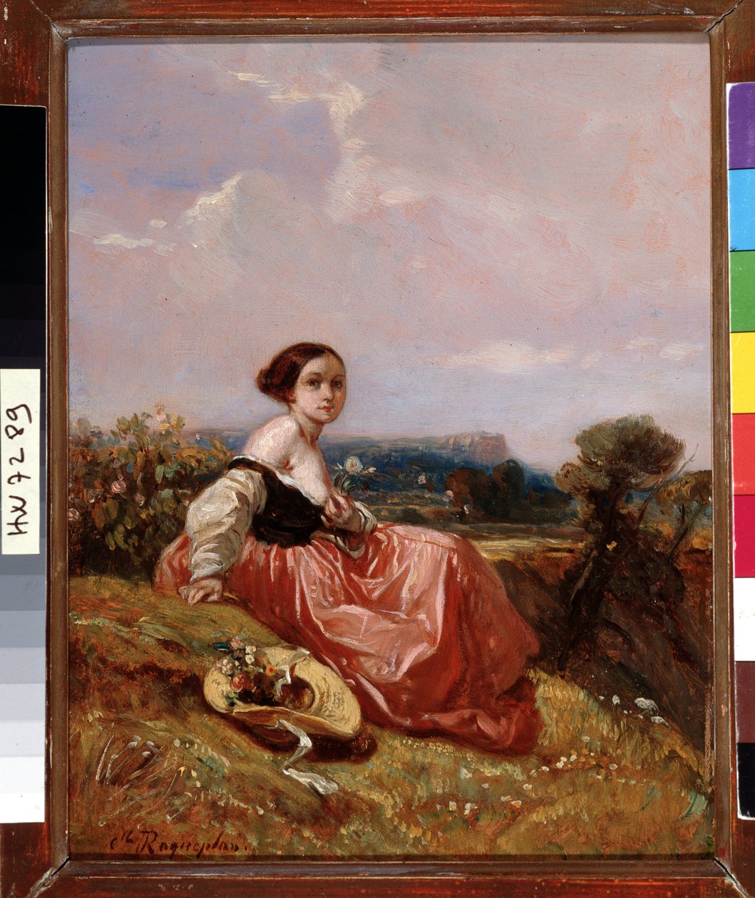فتاة صغيرة ترتدي القبعة أمام جبل سانت فيكتوار، لوحة لكاميل روكيبلان (1803-1855) ديم. 18 × 23 سم إشارة إلزامية: مجموعة التحيات التأسيسية لبروفانس، مرسيليا بواسطة كميل جوزيف إتيان روكيبلان