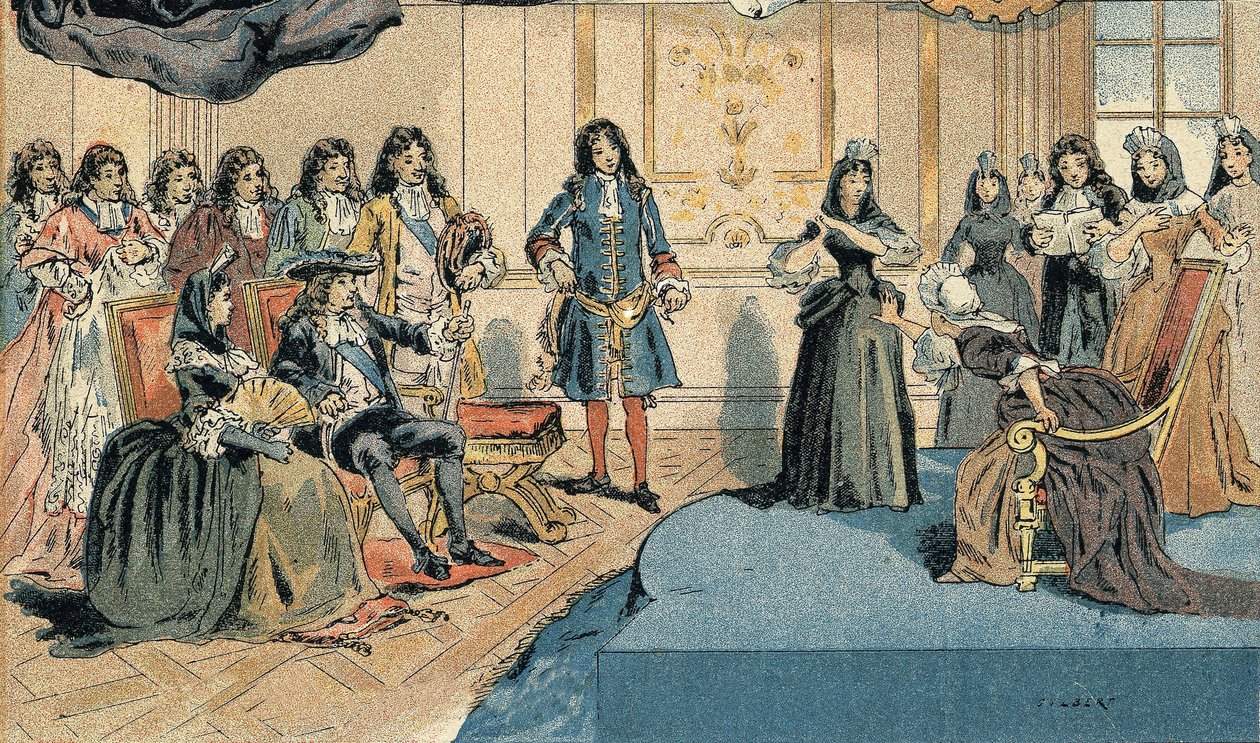 تمثيل "" أثالي "" لجين راسين قبل لويس الرابع عشر (1638-1715) ومدام (ماريكيز) دي مينتينون (فرانسواز دوبيني بواسطة كميل جيلبرت