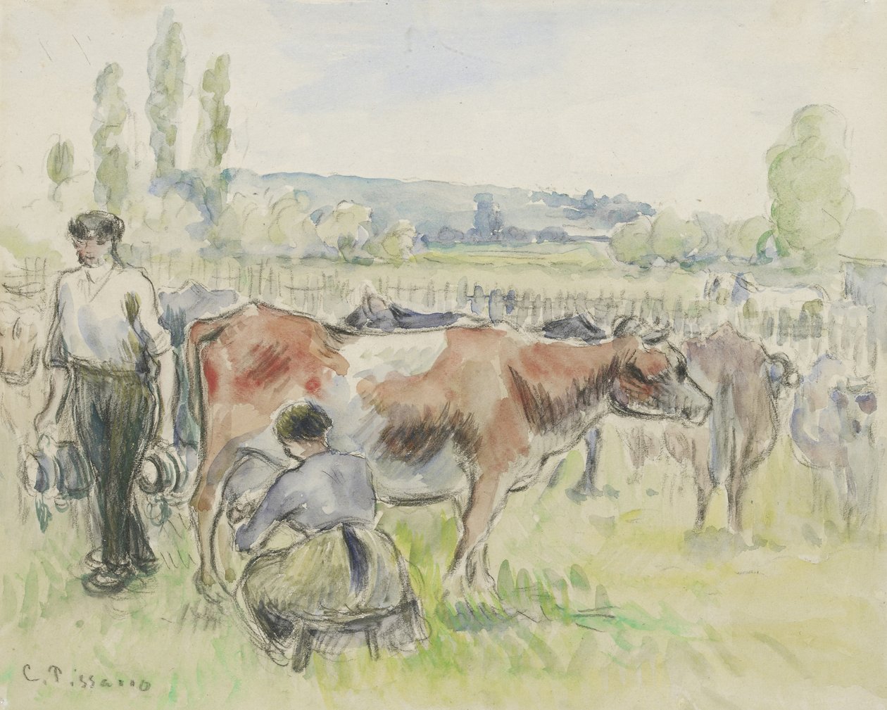 دراسة تركيبية لمشهد حلب في Eragny-sur-Epte ، 1884 (ألوان مائية فوق الطباشير السوداء) بواسطة كميل يعقوب بيسارو