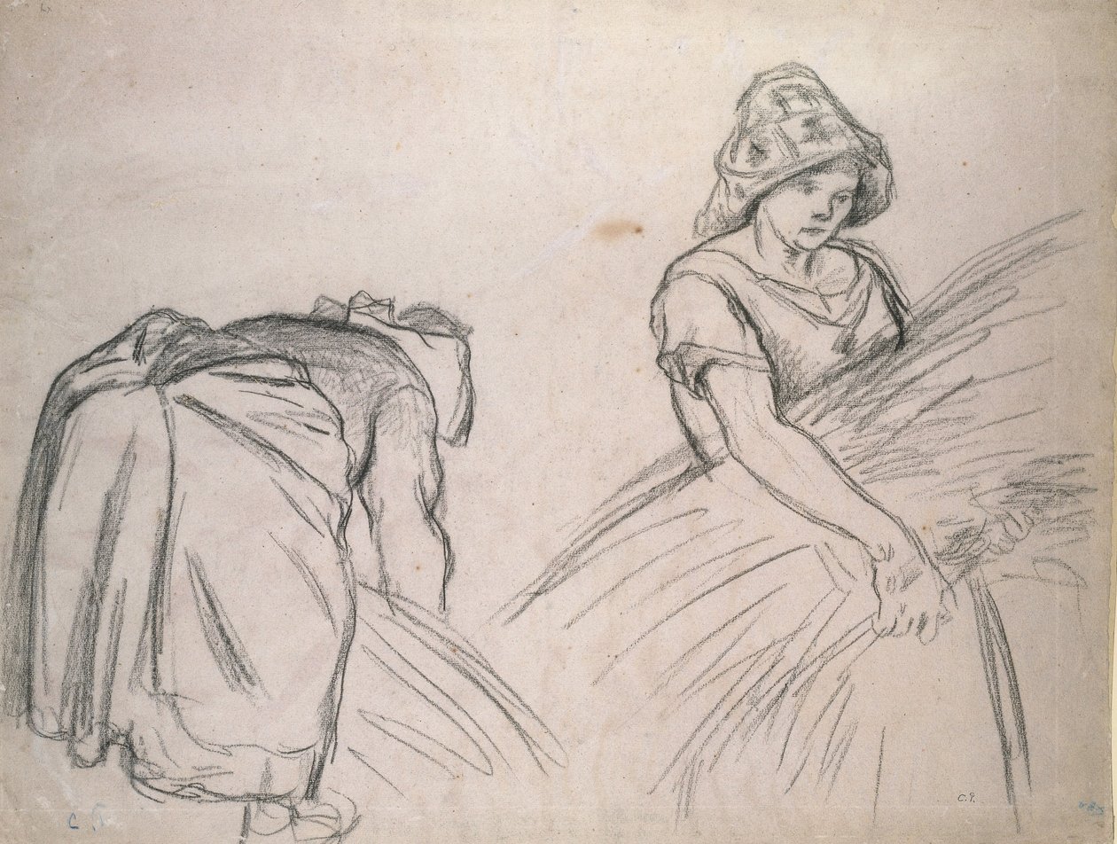 دراسة اثنين من حاصدات ، 1882 (طباشير أسود على ورق وردي مع أبيض) بواسطة كميل يعقوب بيسارو