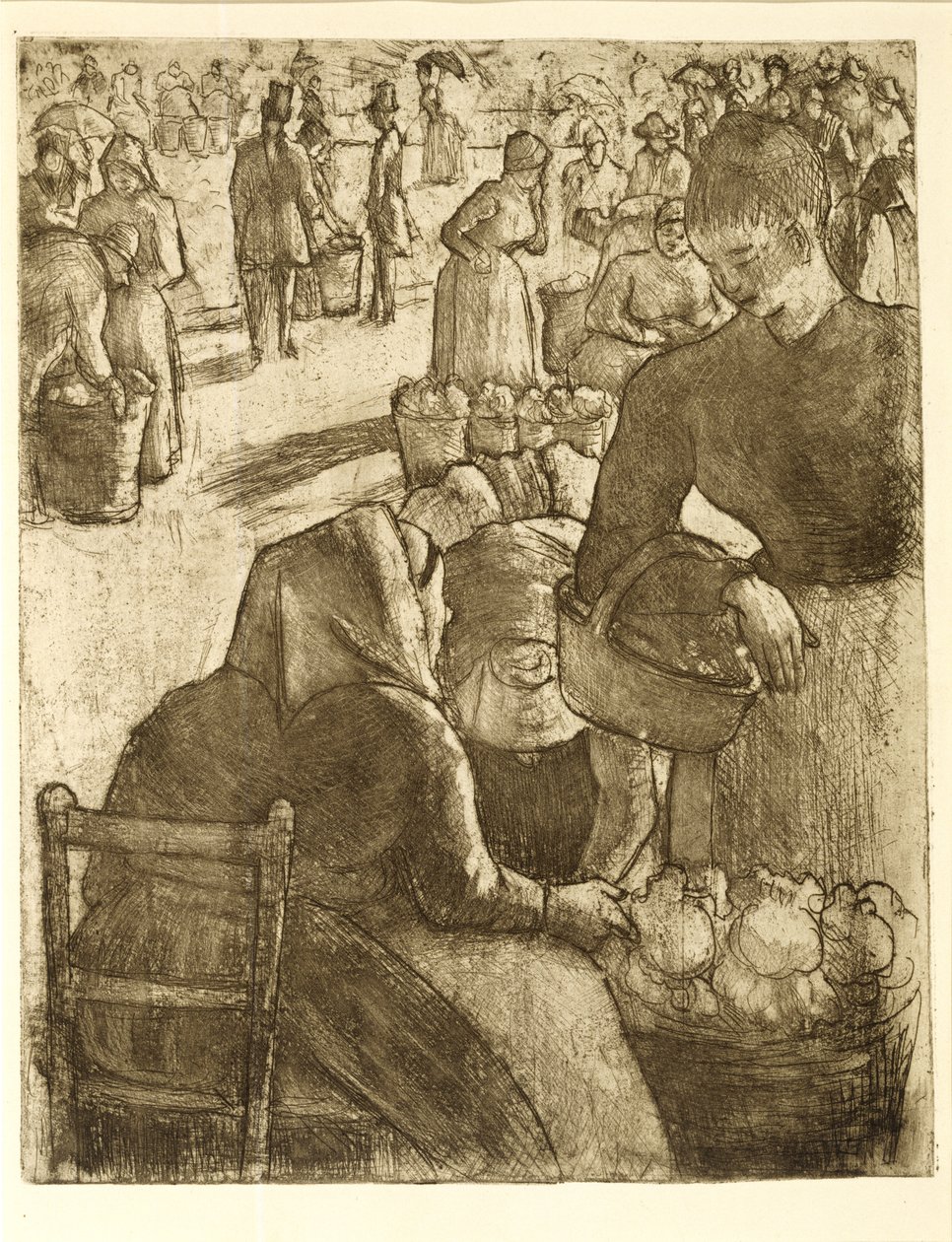 سوق الخضار في بونتواز ، 1891 (الحفر الناعم والألوان المائية) بواسطة كميل يعقوب بيسارو