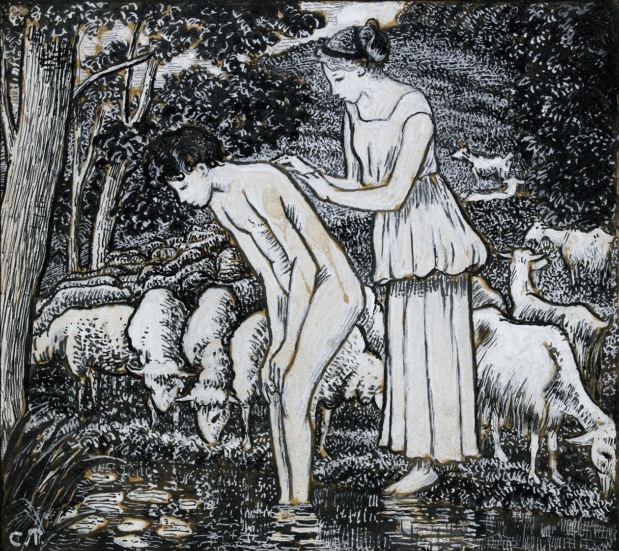 Chloë يغسل Daphnis في جدول ، دراسة تركيبية لتوضيح ، c1895 بواسطة كميل بيسارو