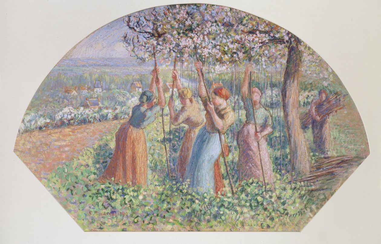 تصميم لمروحة: The pea stakers، 1890 بواسطة كميل بيسارو