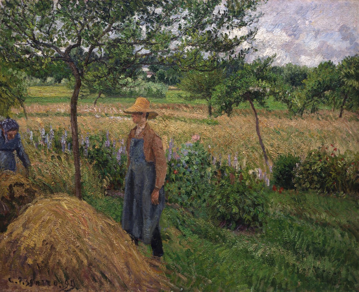 بستاني يقف بجانب كومة قش ، السماء الملبدة بالغيوم ، إيراغني ، 1899. بواسطة كميل بيسارو