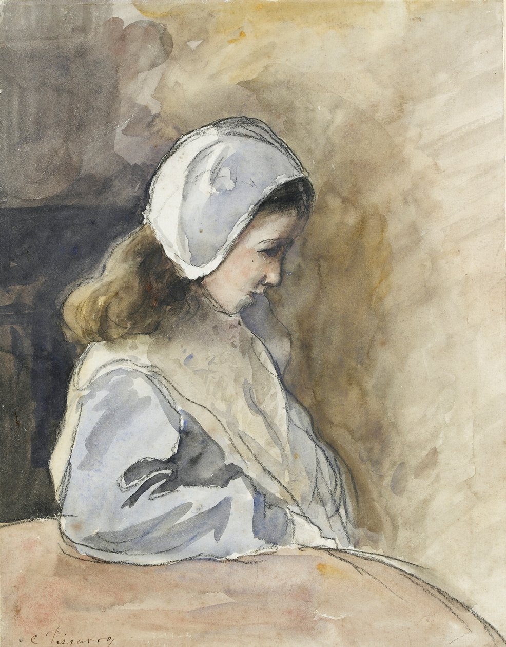 جين راشيل بيسارو جالسة على طاولة ، عام 1872 بواسطة كميل بيسارو