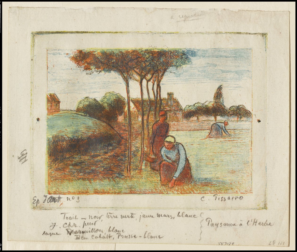 النساء الفلاحات يزيلن الأعشاب ، حوالي 1894 (نقش مطبوع باللون الأزرق والأحمر والأصفر والأسود على ورق كريمي اللون) بواسطة كميل يعقوب بيسارو
