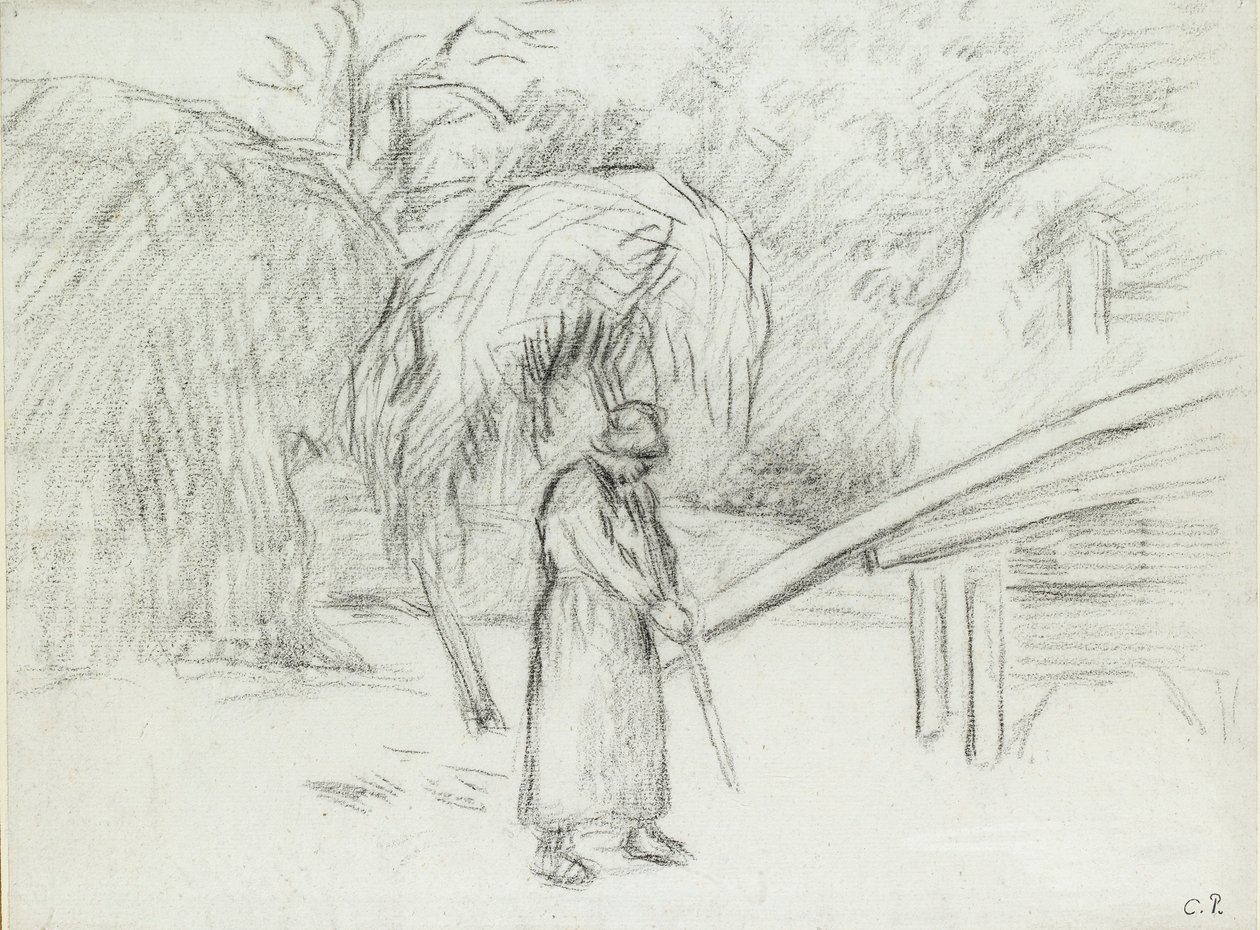 دراسة لفلاحة تحمل حمولة من التبن في مزرعة فوكو ، حوالي عام 1875 بواسطة كميل بيسارو