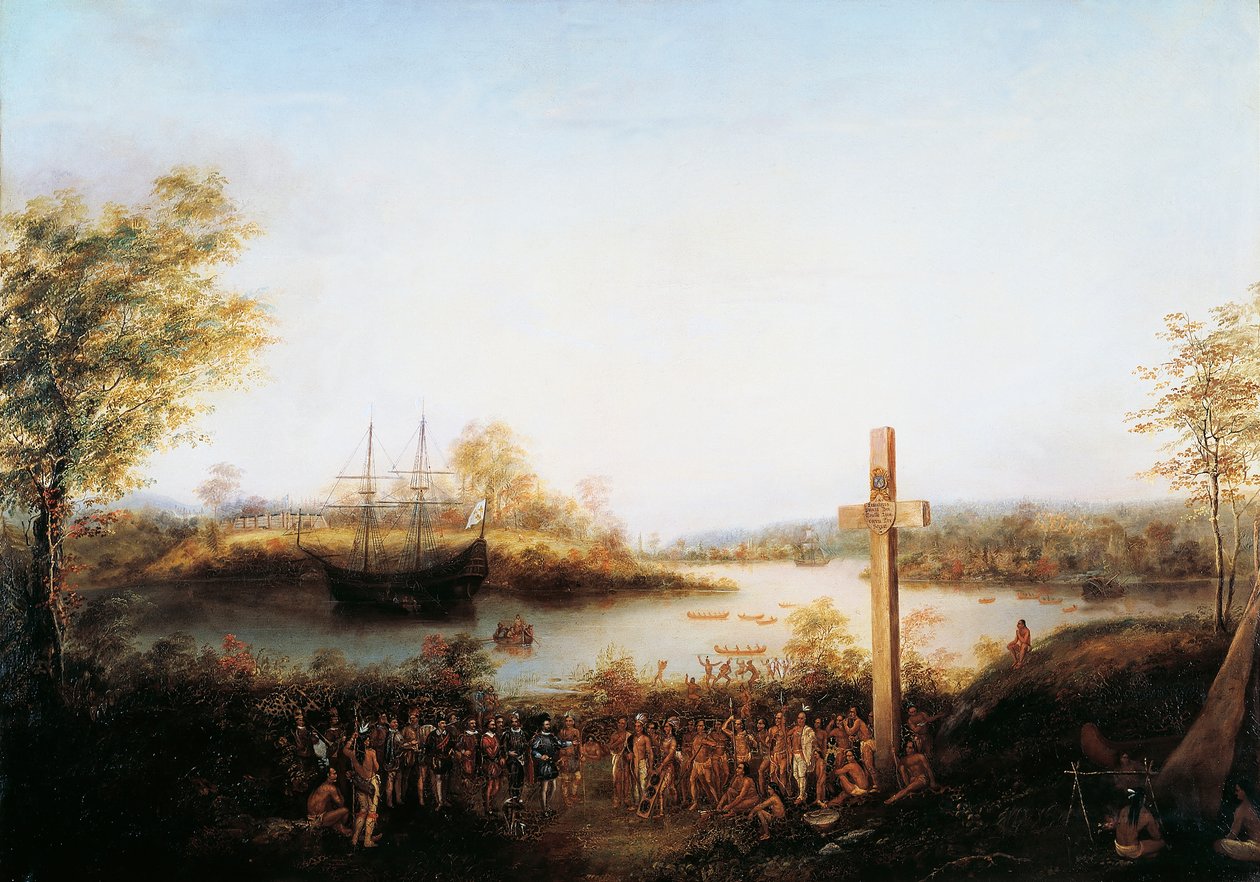 Jacques Cartier (1491-1557) erecting cross at Stadacona where city of Quebec now stands بواسطة المدرسة الكندية