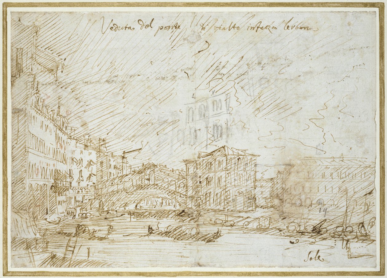 Ponte de Rialto (قلم وحبر بني على ورق) بواسطة قناة جيوفاني أنطونيو (كاناليتو)