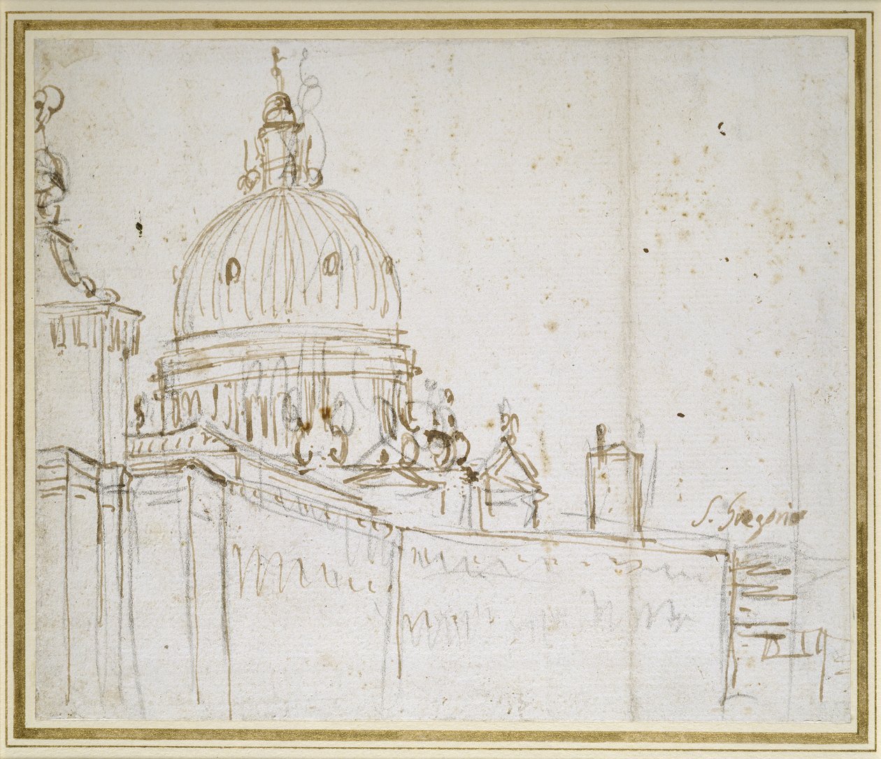 البندقية: The Dogana di Mare و S. Maria della Salute (قلم وحبر بني على الطباشير الأسود) بواسطة قناة جيوفاني أنطونيو (كاناليتو)