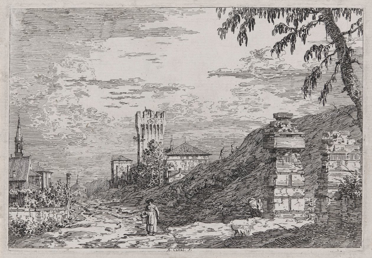 منظر طبيعي ببرج وعمودين مهدمين ، من سلسلة Vedute (مشاهد) بواسطة كاناليتو (قناة جيوفاني أنطونيو)