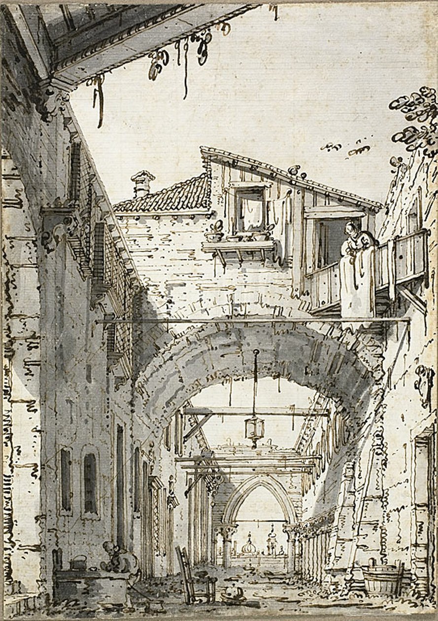 Capriccio: شارع يتقاطع مع أقواس (وجه الوجه) رسومات تخطيطية لمدخل ودرج وطابق ثان من المبنى (ظهر) بواسطة كاناليتو