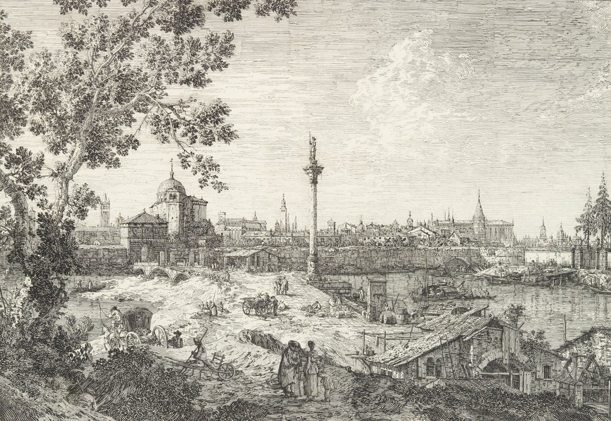 منظر خيالي لبادوا ، مع كنيسة جريس وقبة على اليسار ، عمود يعلوه ... ، 1735-46. بواسطة كاناليتو