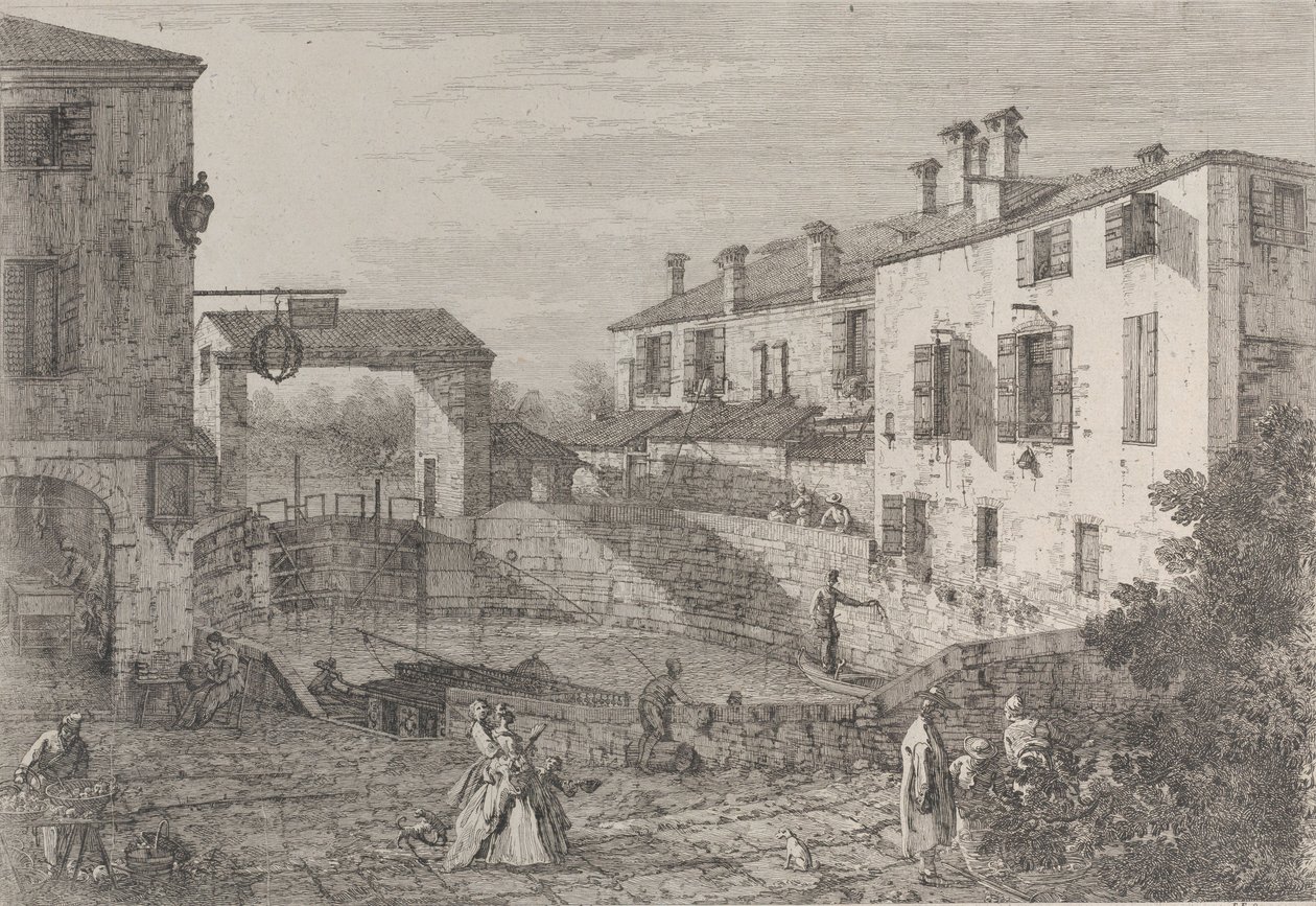 لو بورت ديل دولو: الحوض البيضاوي للأقفال في دولو ، مع بارجة راسية على الرصيف ... ، 1735-46. بواسطة كاناليتو
