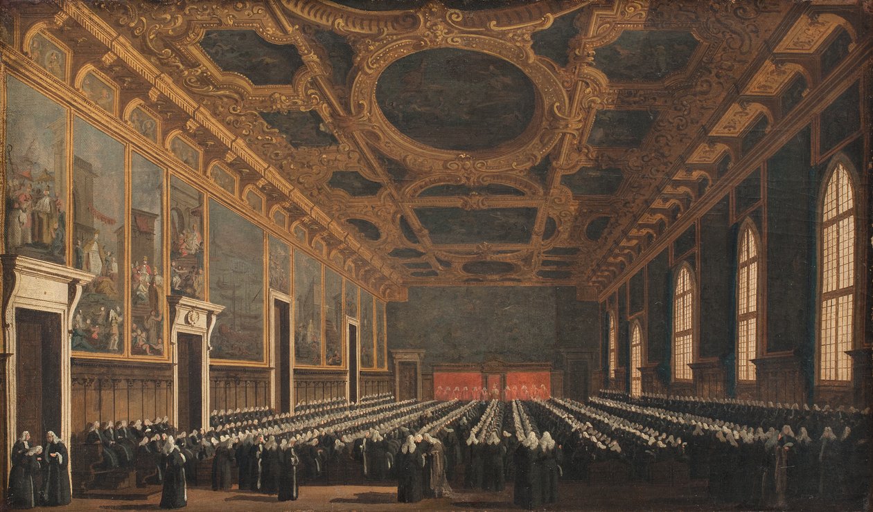 The Doge and Grand Council في Sala del Maggior Consiglio بواسطة كاناليتو