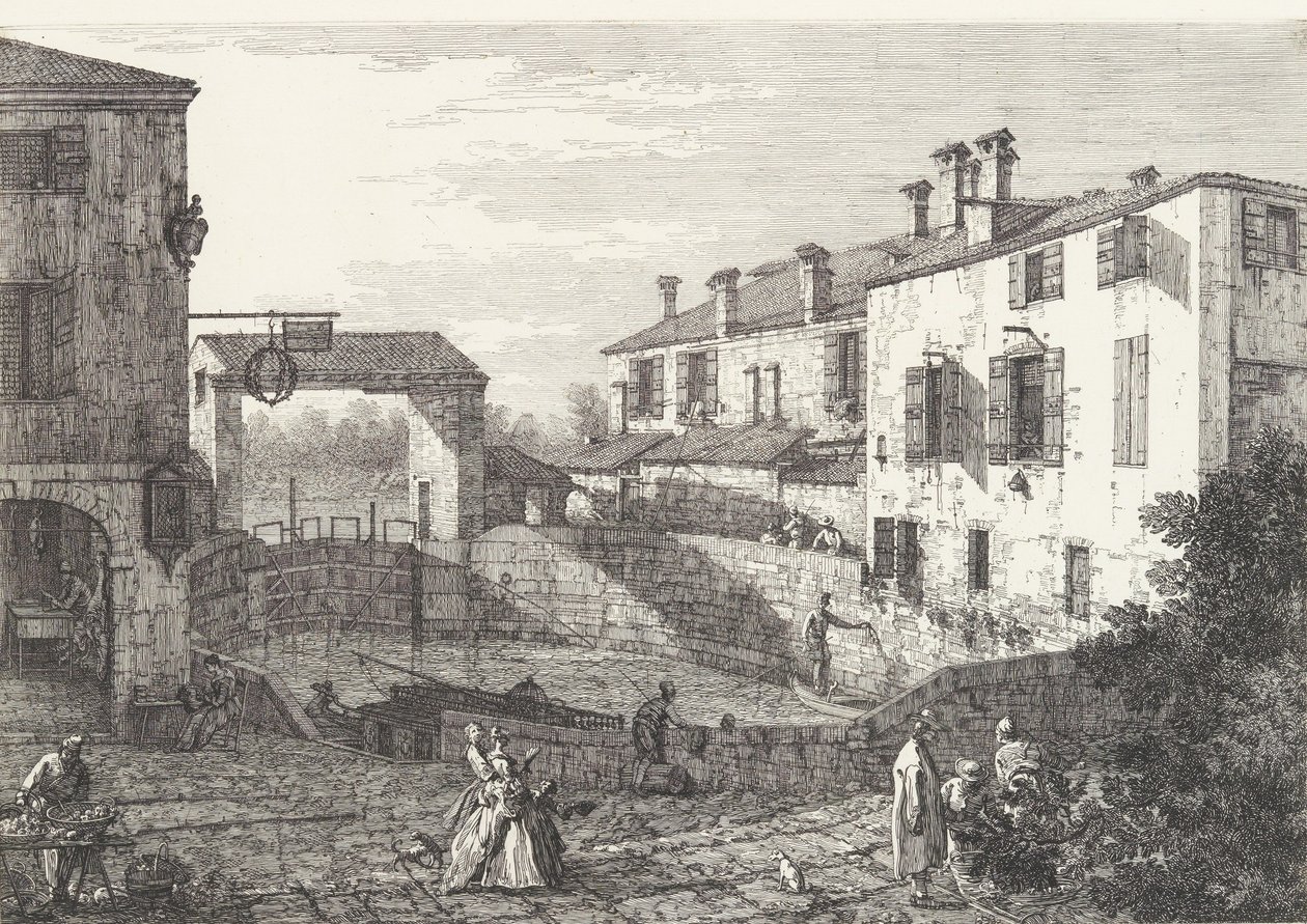 The Locks at Dolo ، حوض بيضاوي الشكل به قوارب في المركز ، ومباني على كلا الجانبين ، ... ، 1735-46. بواسطة كاناليتو